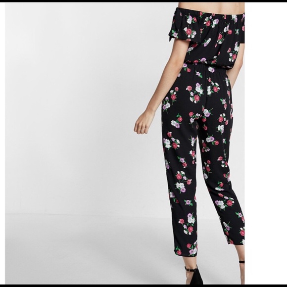 Express off the shoulder black floral lined jumpsuit elastic waist NEW - Picture 3 of 14